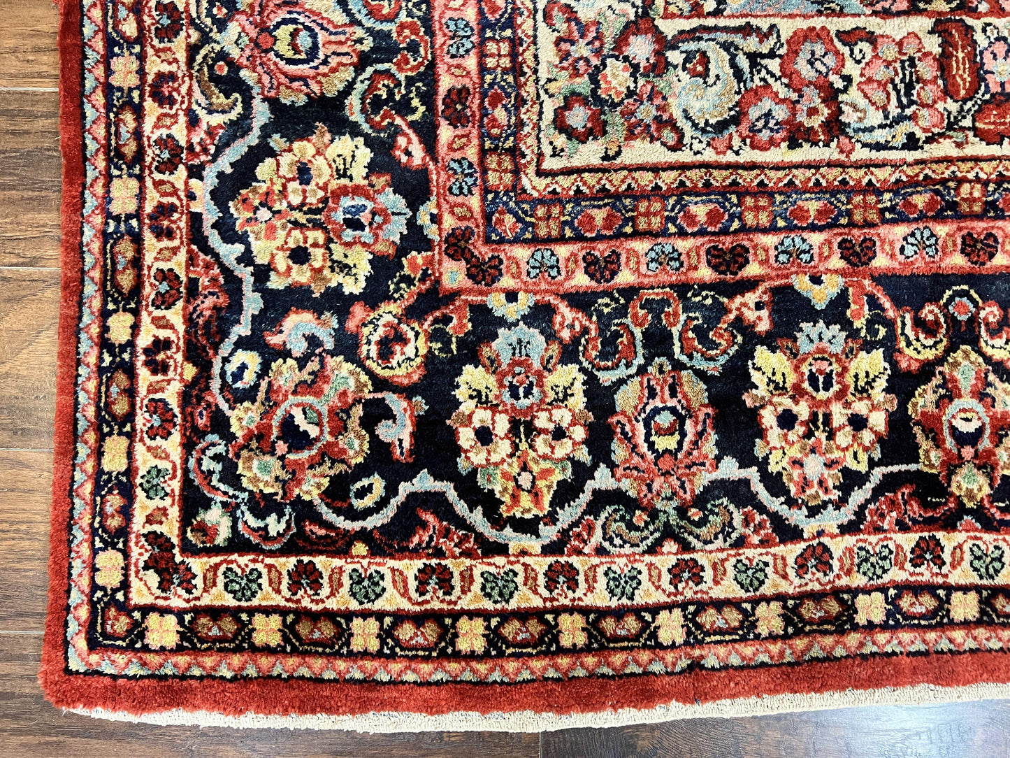 USED Persian Sarouk Rug 11x14, Semi Open Field, Large Antique Persian Wool Handmade Carpet, Red and Dark Blue, Floral