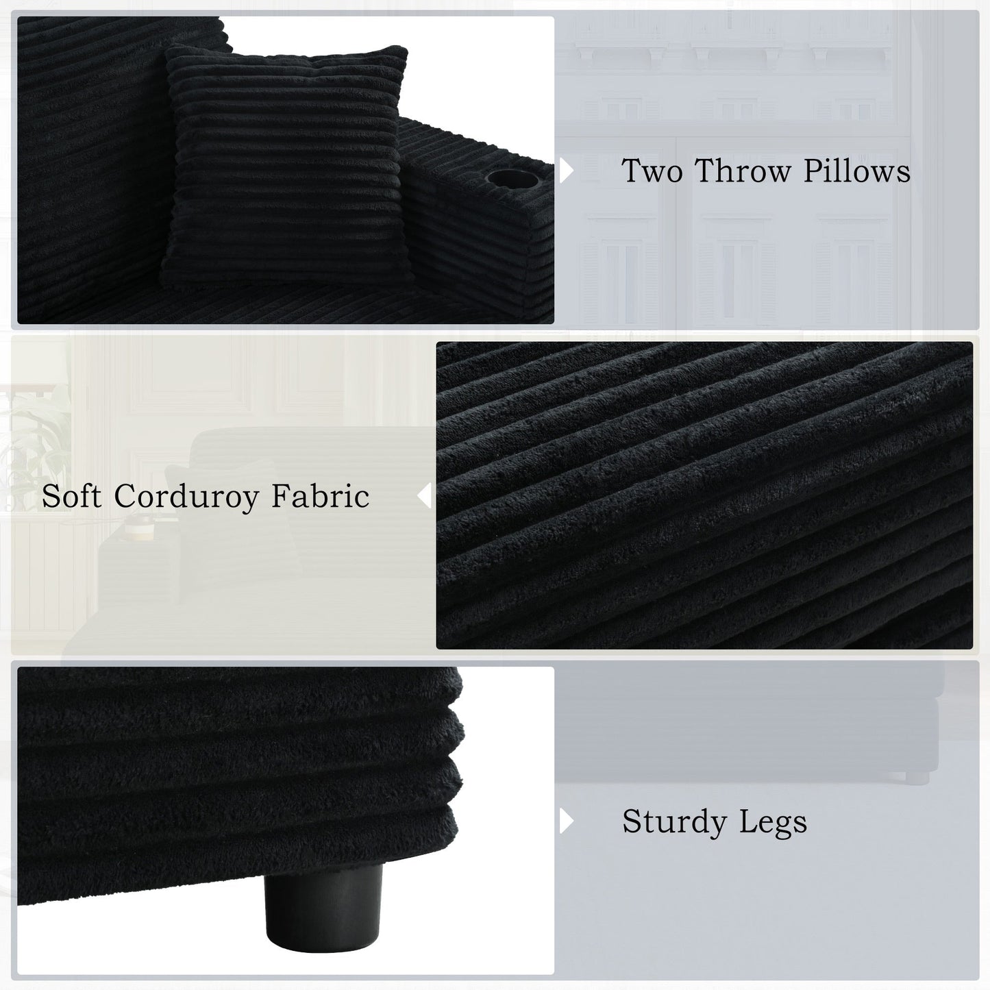 NEW Black Corduroy Oversized Loveseat Chaise Lounge Sectional Sofa Bed with USB Ports Cup Holders and Pillows