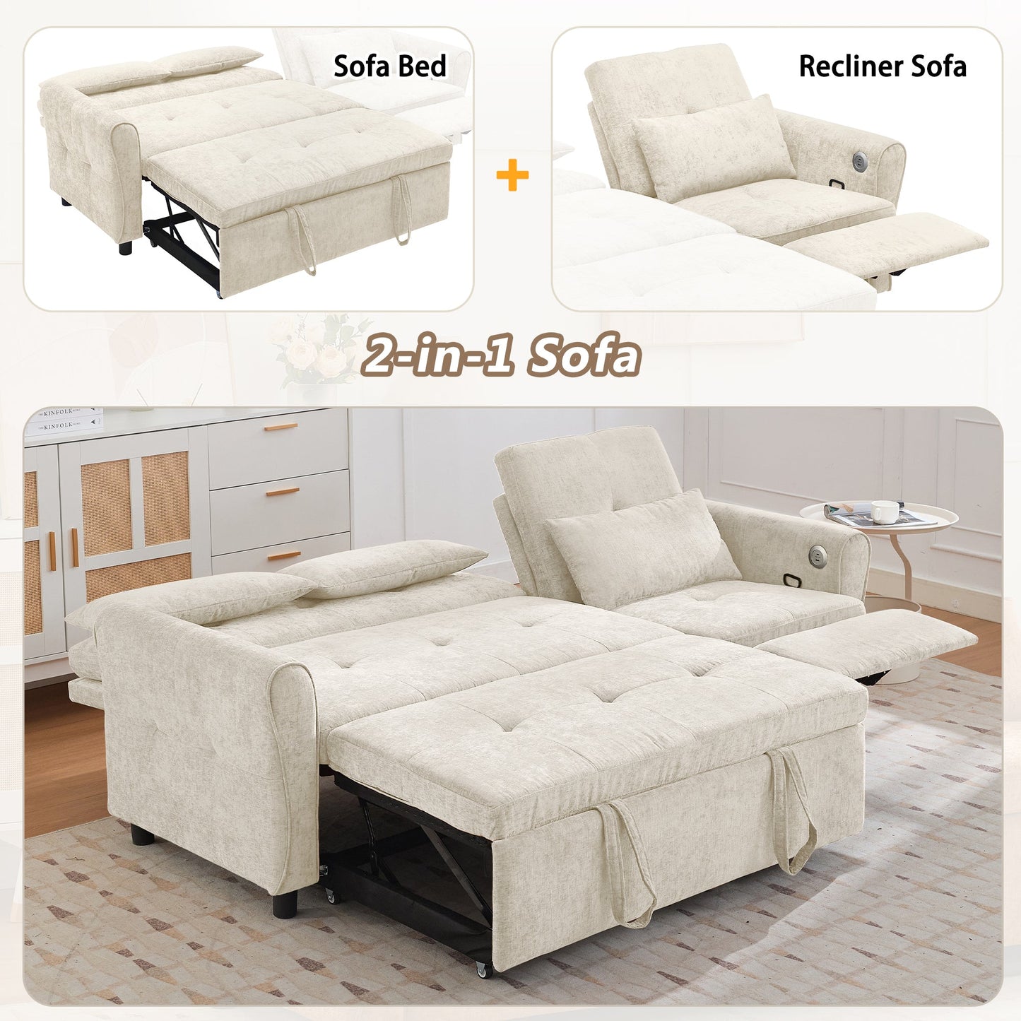 NEW Beige 82' Chenille Upholstered Two-in-One  Three-Seat Sofa with Pull-out Bed
