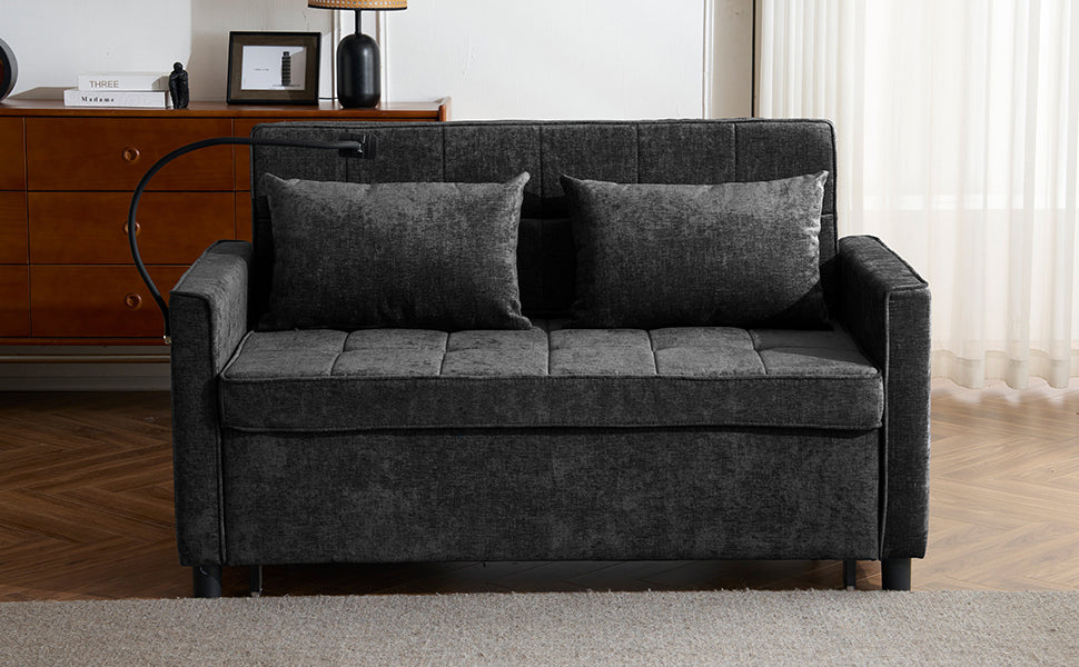 NEW Contemporary 56.9' Loveseat Sofa Bed Sleeper with Reversible Backrest, Side Pockets, USB Ports, Phone Holder, Black Chenille