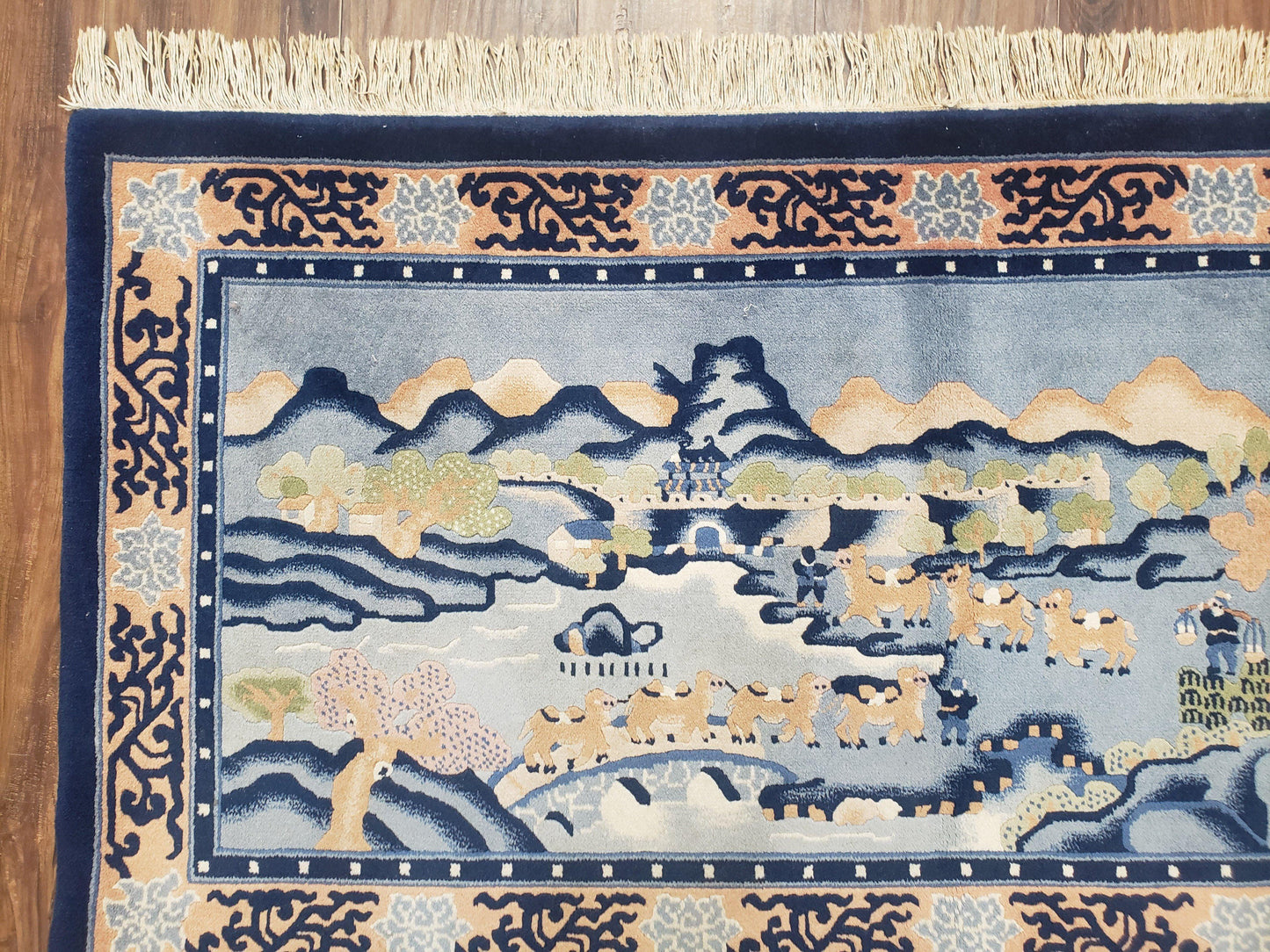 USED Vintage Chinese Pictorial Rug 2'4" x 4' 7", Chinese Village, Wool Hand-Knotted Blue & Teal Fine Carpet, Tapestry Rug, Woven Wall Art