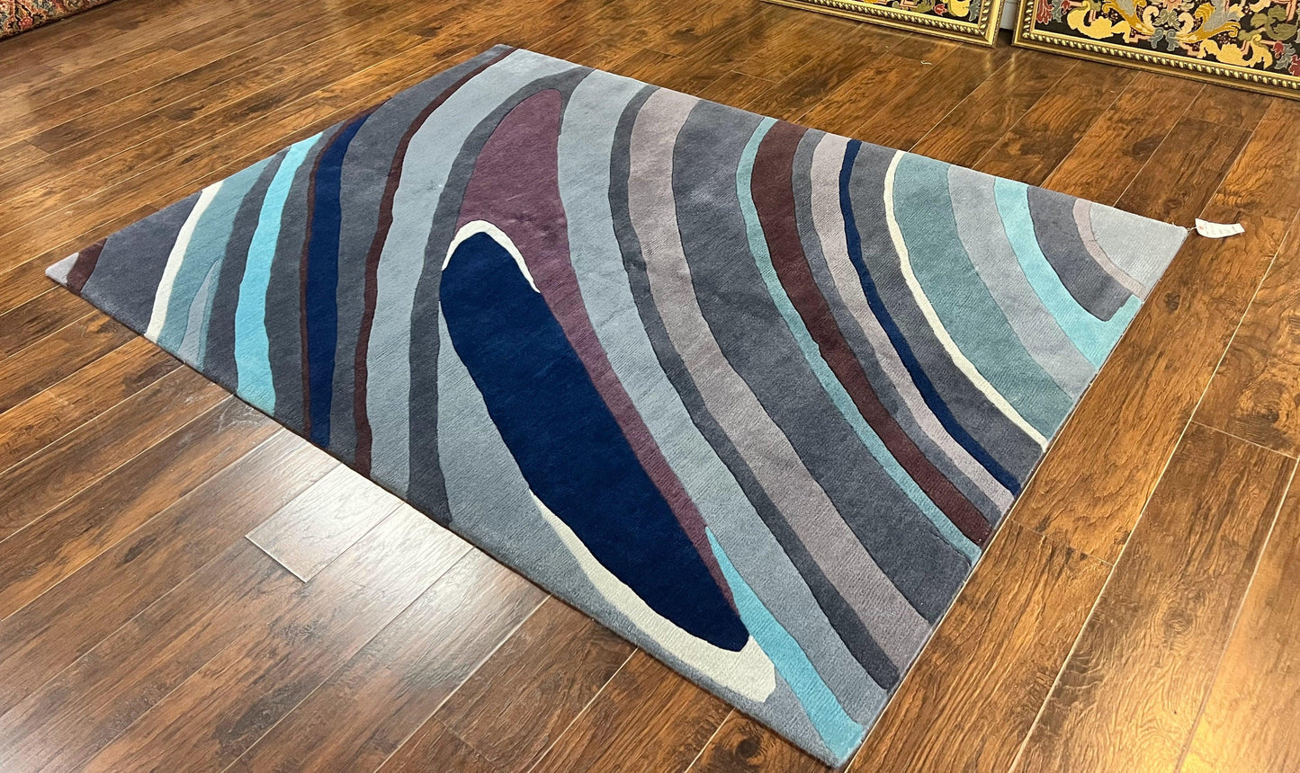 USED Modern Nepali Handmade Wool Rug 6x8, Blues Gray Mauve, Abstract, Nepali Tibetan Rug