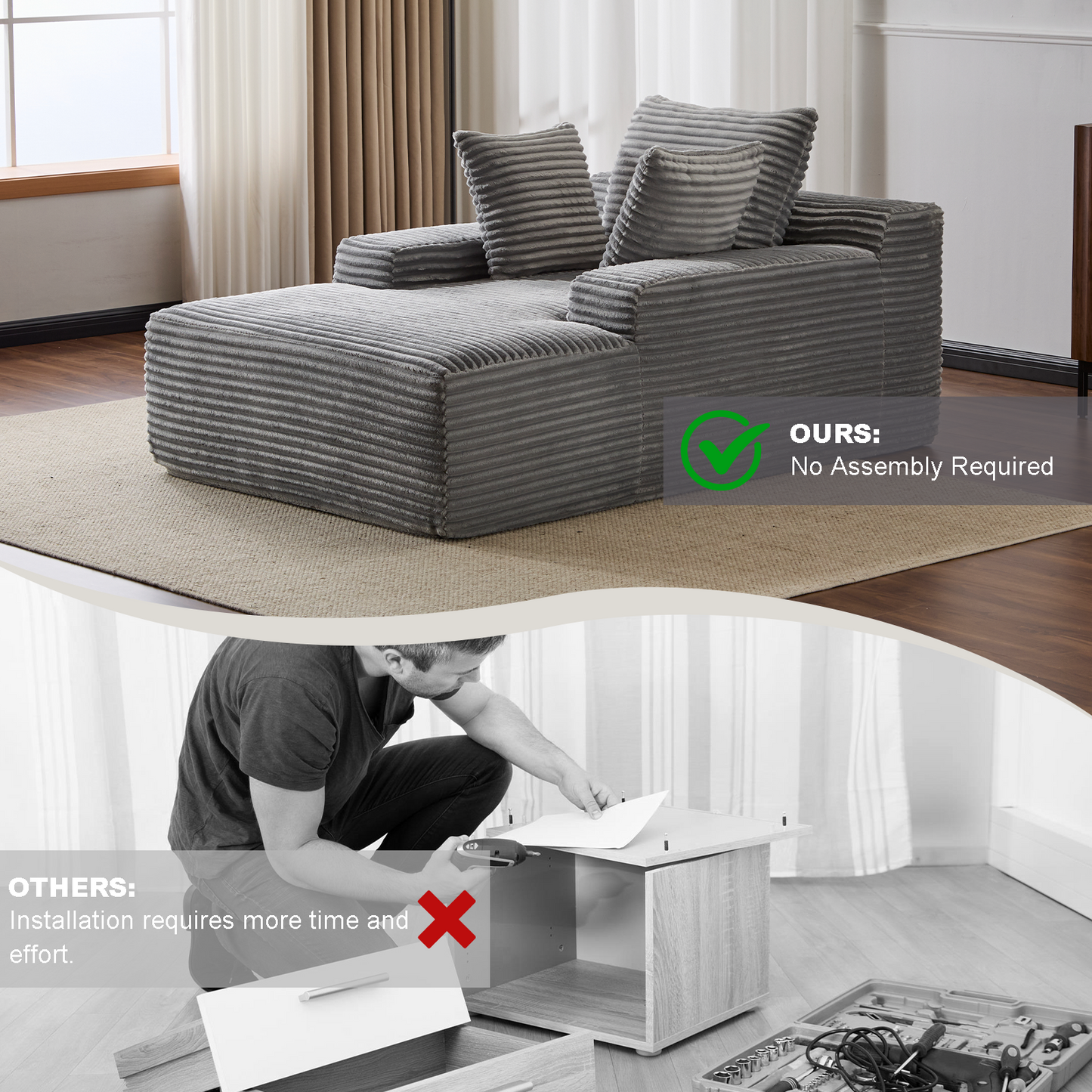 NEW Grey Oversized Chaise Lounge Chair Cozy Cloud Couch Modern Plush Corduroy Upholstered Sleeper Sofa Daybed with 3 Throw Pillows and Wide Armrest