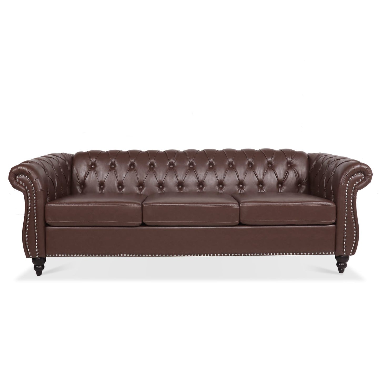 NEW Dark Brown PU Rolled Arm Chesterfield Three Seater Sofa