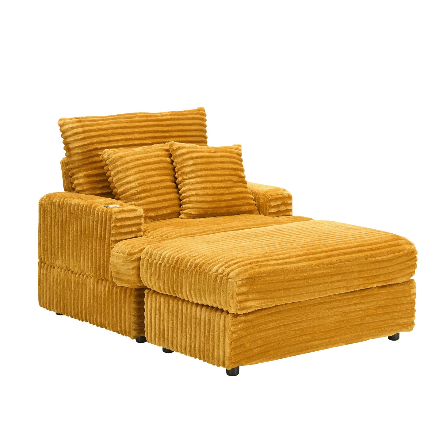 NEW 39-inch Corduroy Fabric Spring Upholstered Comfortable Single Sofa Armchair and Ottoman Set with Cup Holder