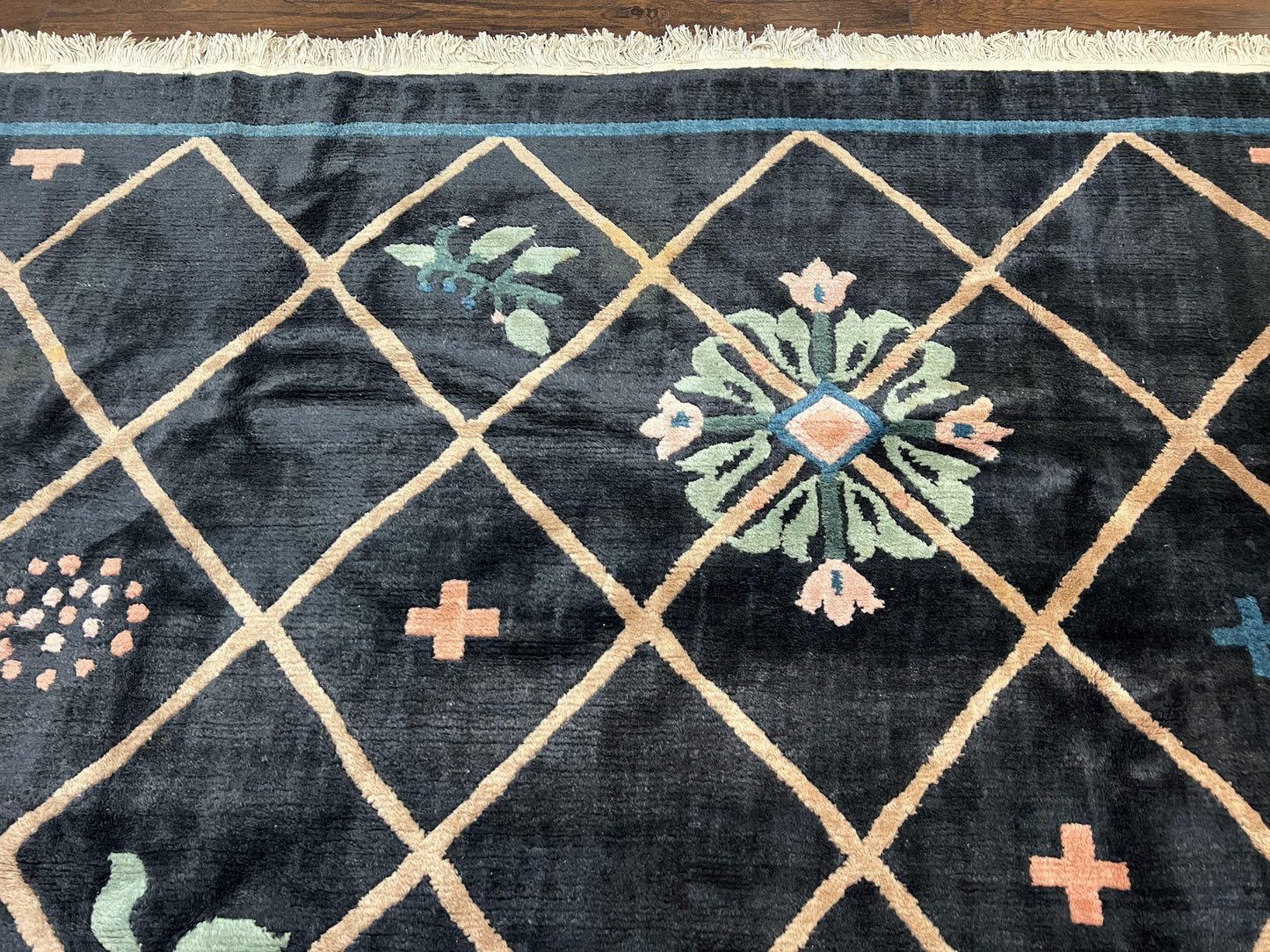 USED Tibetan Rug 9x12, Hand Knotted Tibet Nepali Contemporary Carpet 9 x 12 ft, Black and Tan, Handmade Area Rug Room Sized, Nepalese Rug