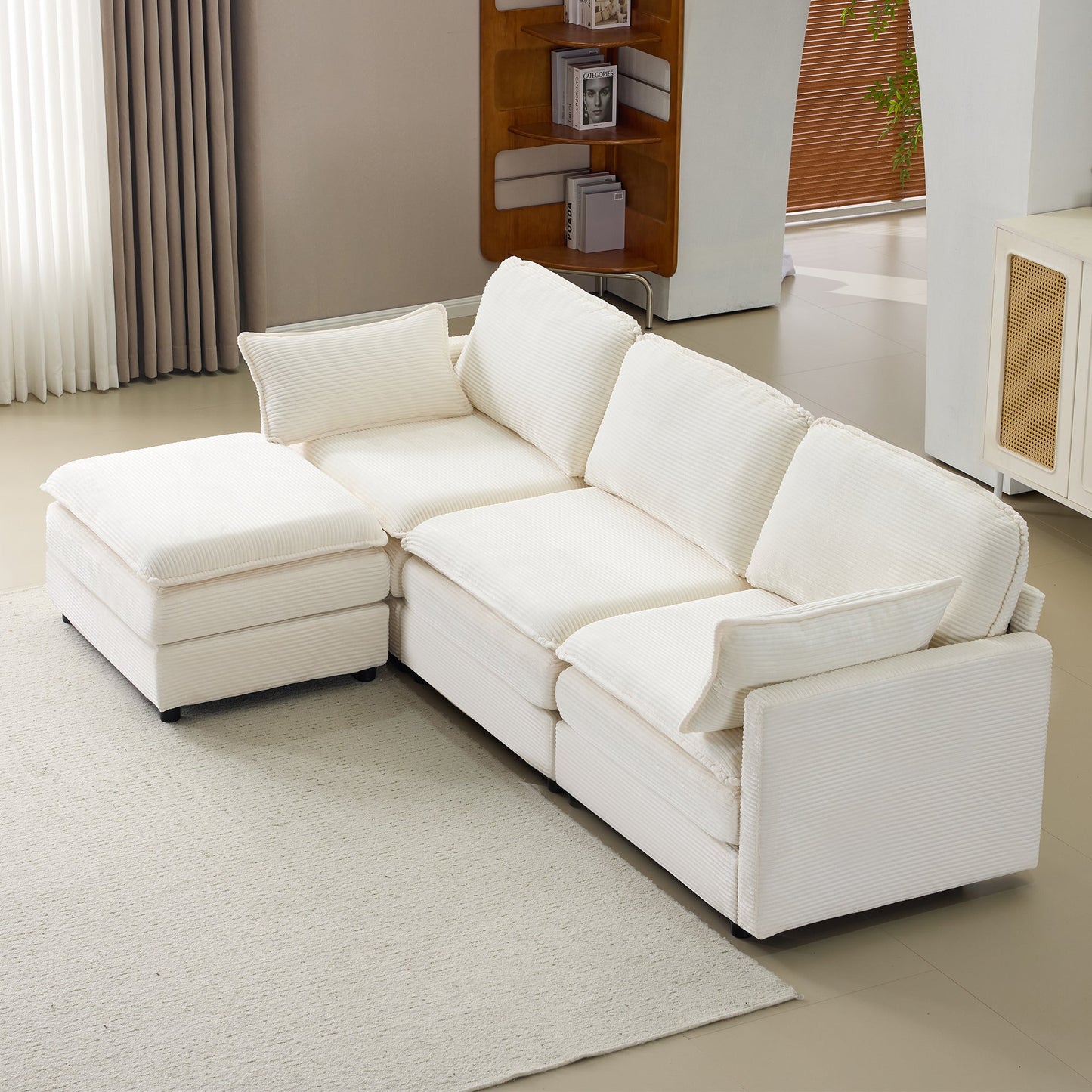 NEW 104' Plush Cloud Beige 3 Seater Modular Sofa + Ottoman with 22' Chenille Cushions and 2 Throw Pillows