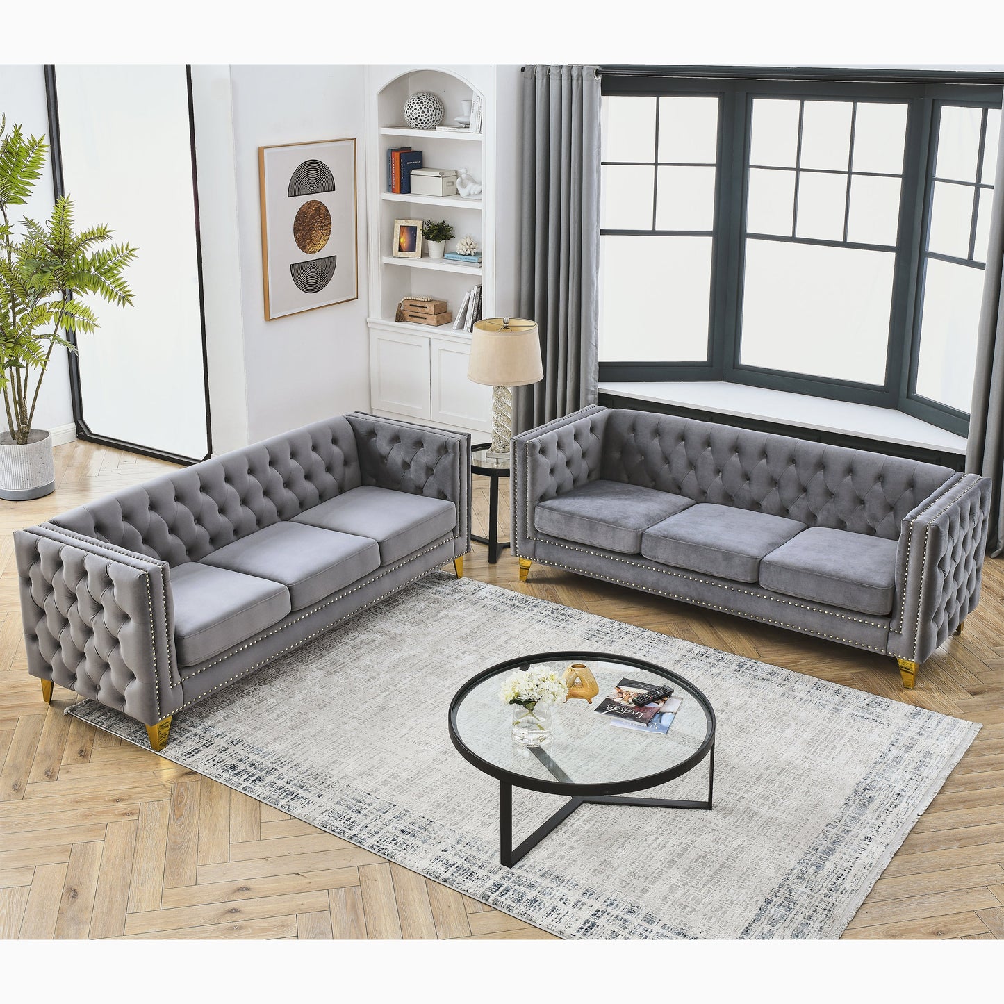 NEW Velvet Sofa for Living Room, Buttons Tufted Square Arm Couch, Modern Couch Upholstered Button and Metal Legs, Sofa Couch for Bedroom, Grey Velvet .2PCS