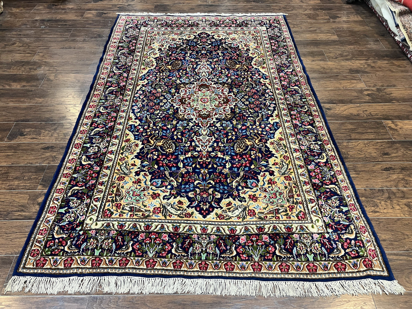 USED Persian Kirman Rug 6x9, Floral Medallion Vintage Wool Handmade Carpet 6 x 9, Animal Pictorials Birds, Semi Antique, Navy Blue, Millefleur