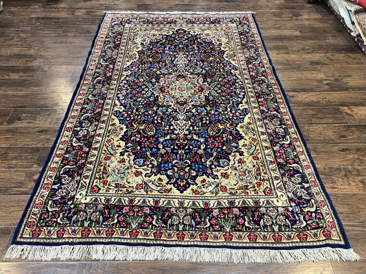 USED Persian Kirman Rug 6x9, Floral Medallion Vintage Wool Handmade Carpet 6 x 9, Animal Pictorials Birds, Semi Antique, Navy Blue, Millefleur