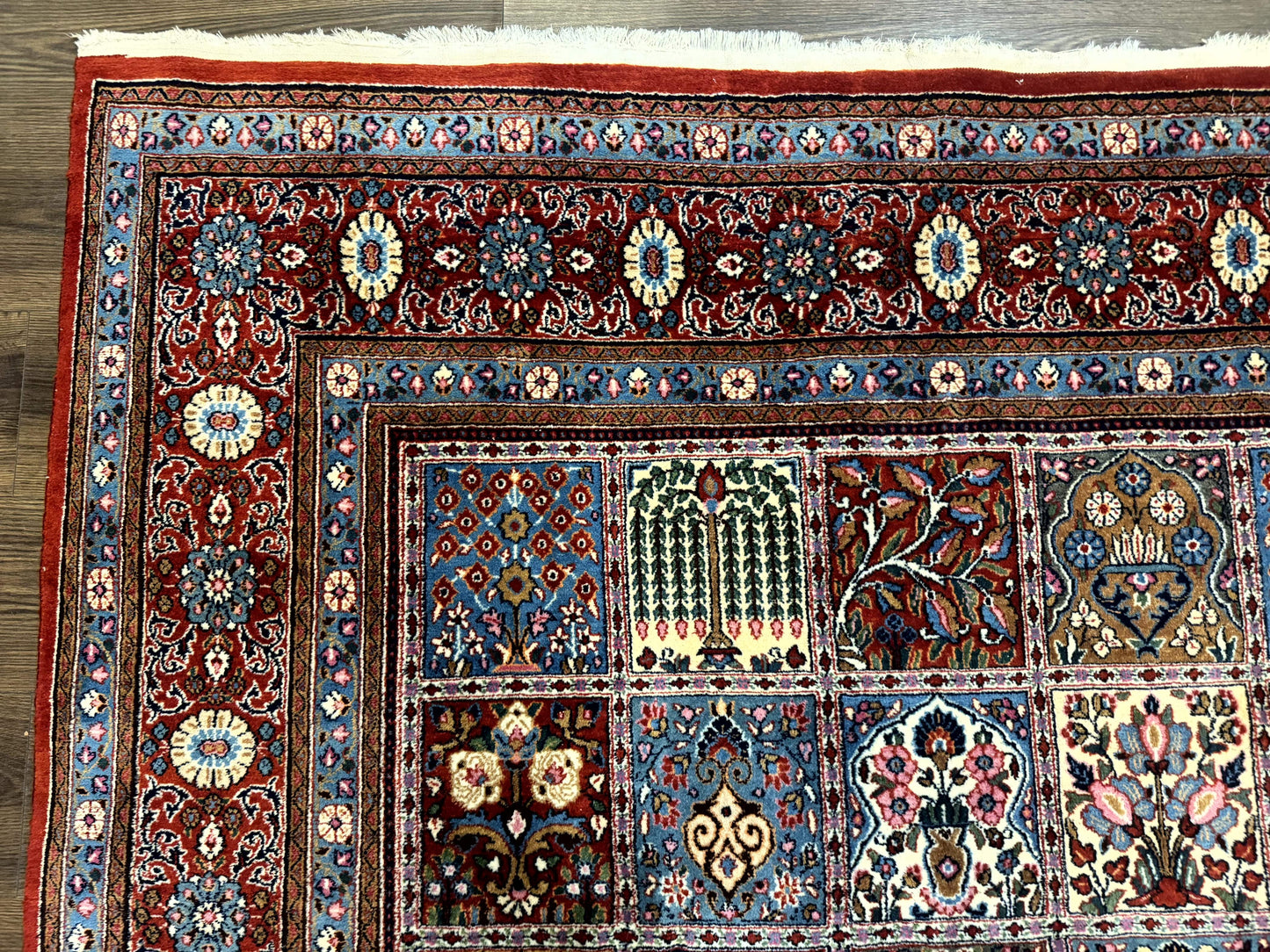 USED Wonderful Persian Qum Rug 10x13, Panel Design, Fine 260 KPSI, Signed, Red Multicolor
