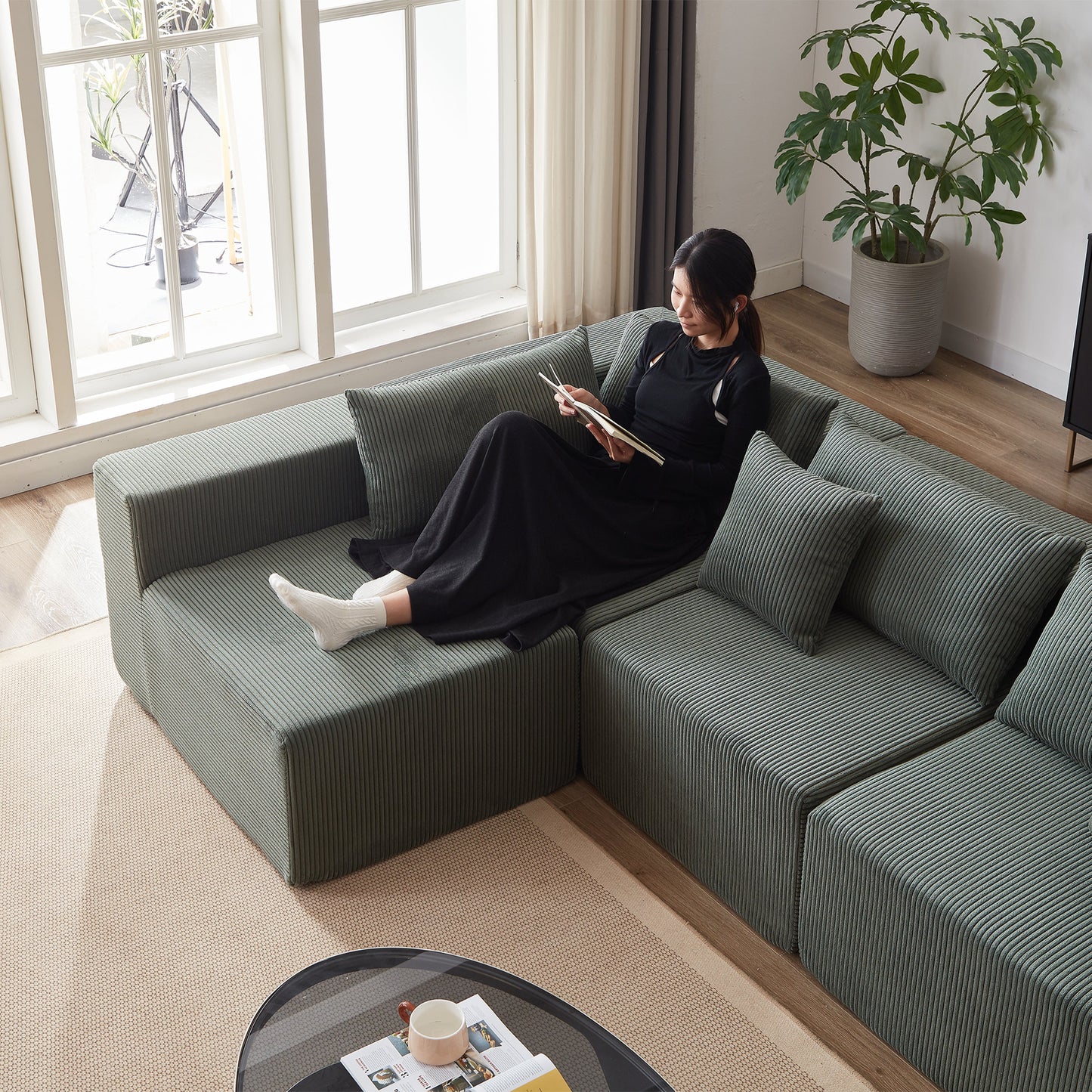 NEW 104-Inch Corduroy  Modular L Shaped Sectional Sofa,Luxury Floor Couch Set,Upholstered Indoor Furniture,Foam-Filled Compressed Sofa for Living Room,Bedroom,4 PC Free Combination