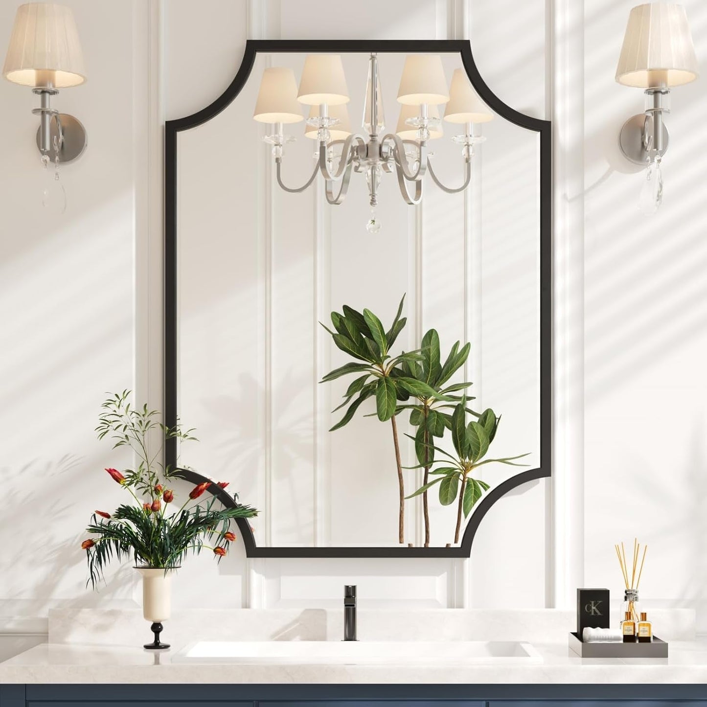 NEW 30x40 Black Bathroom Mirror With Gold Scalloped Frame