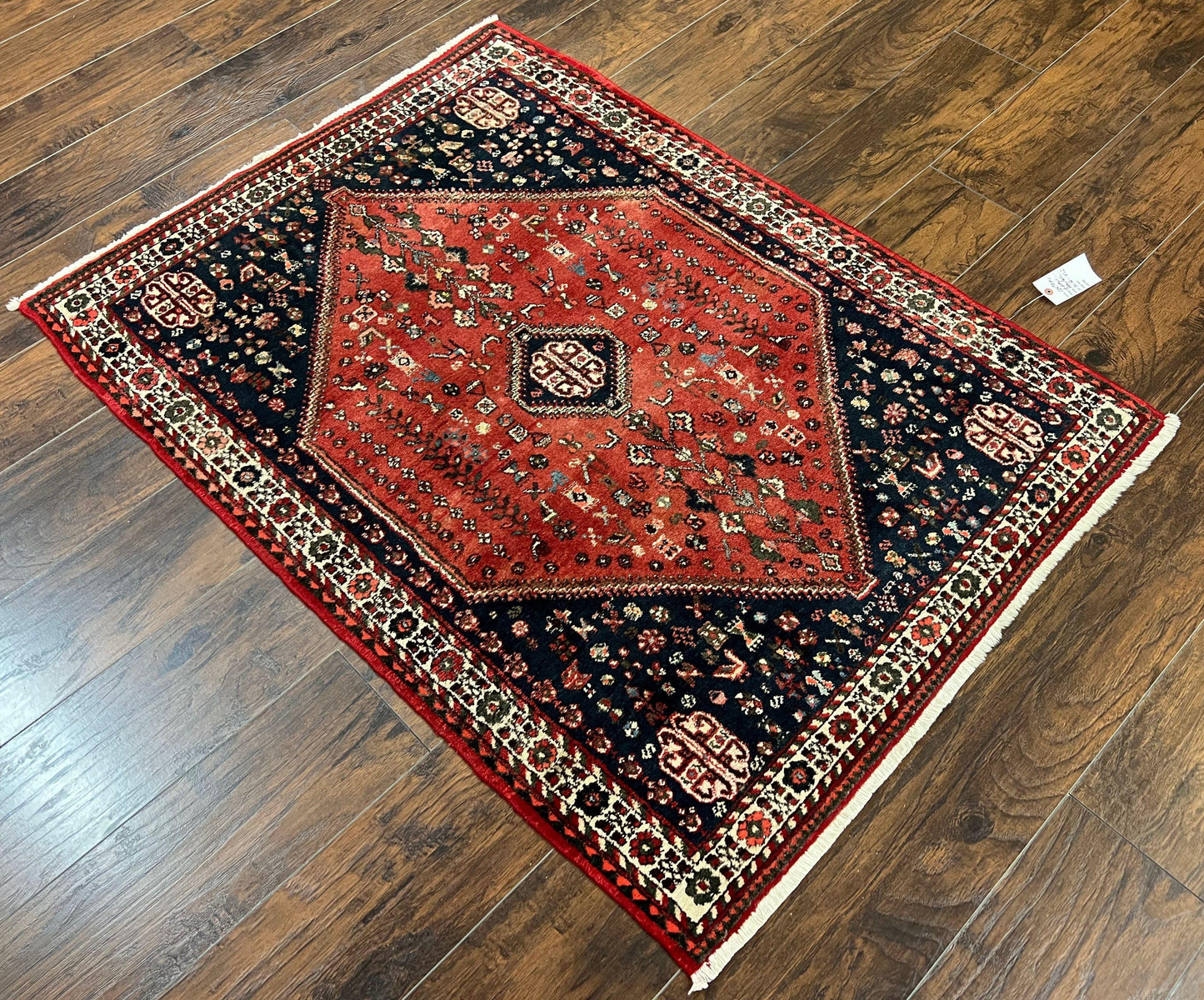 USED Persian Tribal Rug 3.6 x 5 ft, Persian Abadeh Rug, Geometric Medallion Bird Motifs, Red and Navy Blue Hand Knotted Handmade Wool Vintage Oriental Carpet