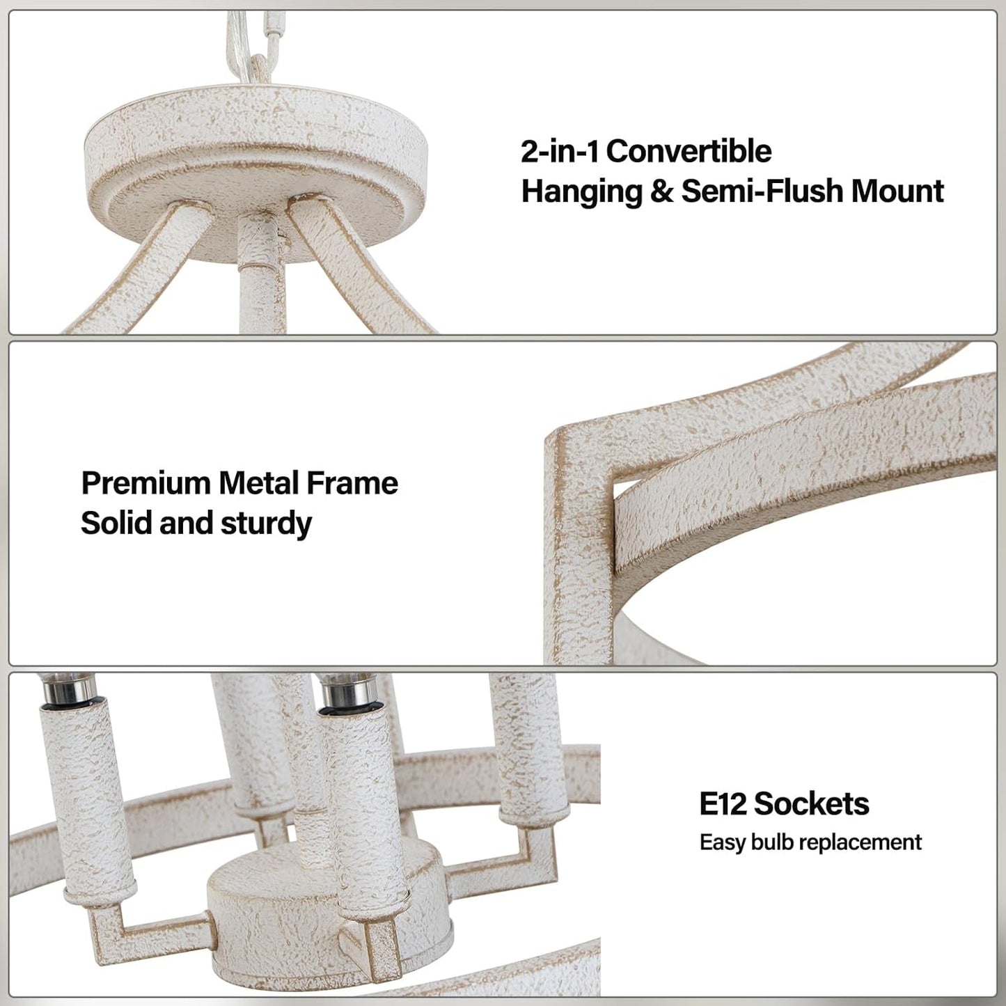 NEW Distressed White 4 Light Farmhouse Chandelier Convertible Mount