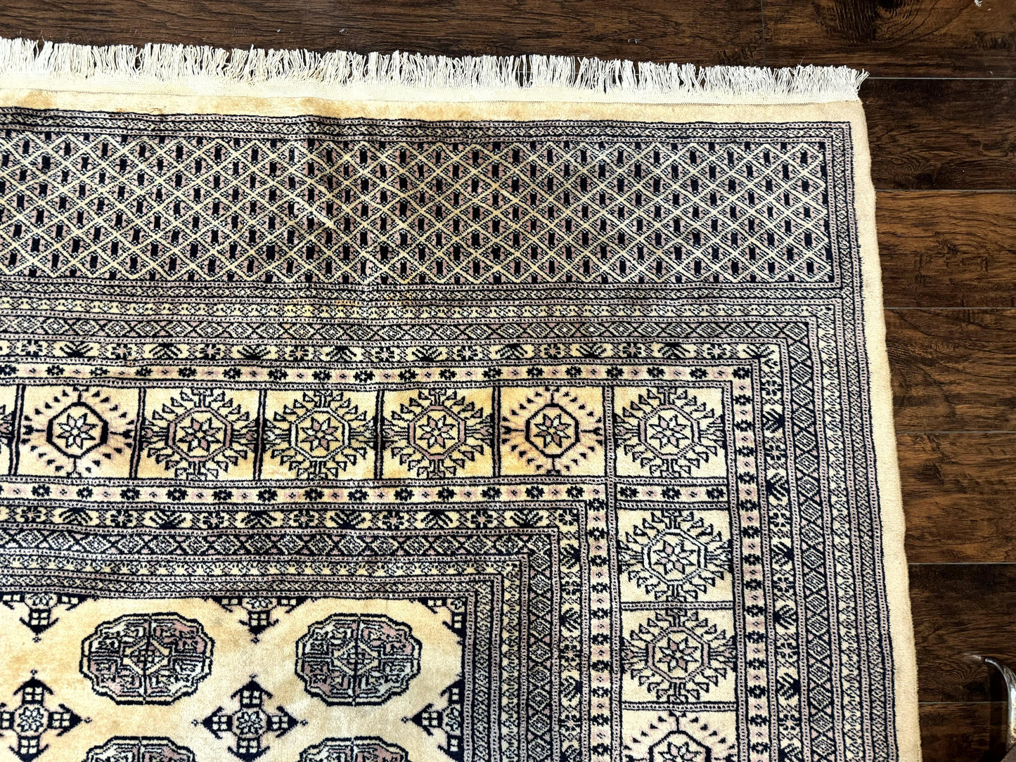 USED Pakistani Bokhara Turkoman Rug 9x11, Cream, Handmade Wool Vintage Carpet