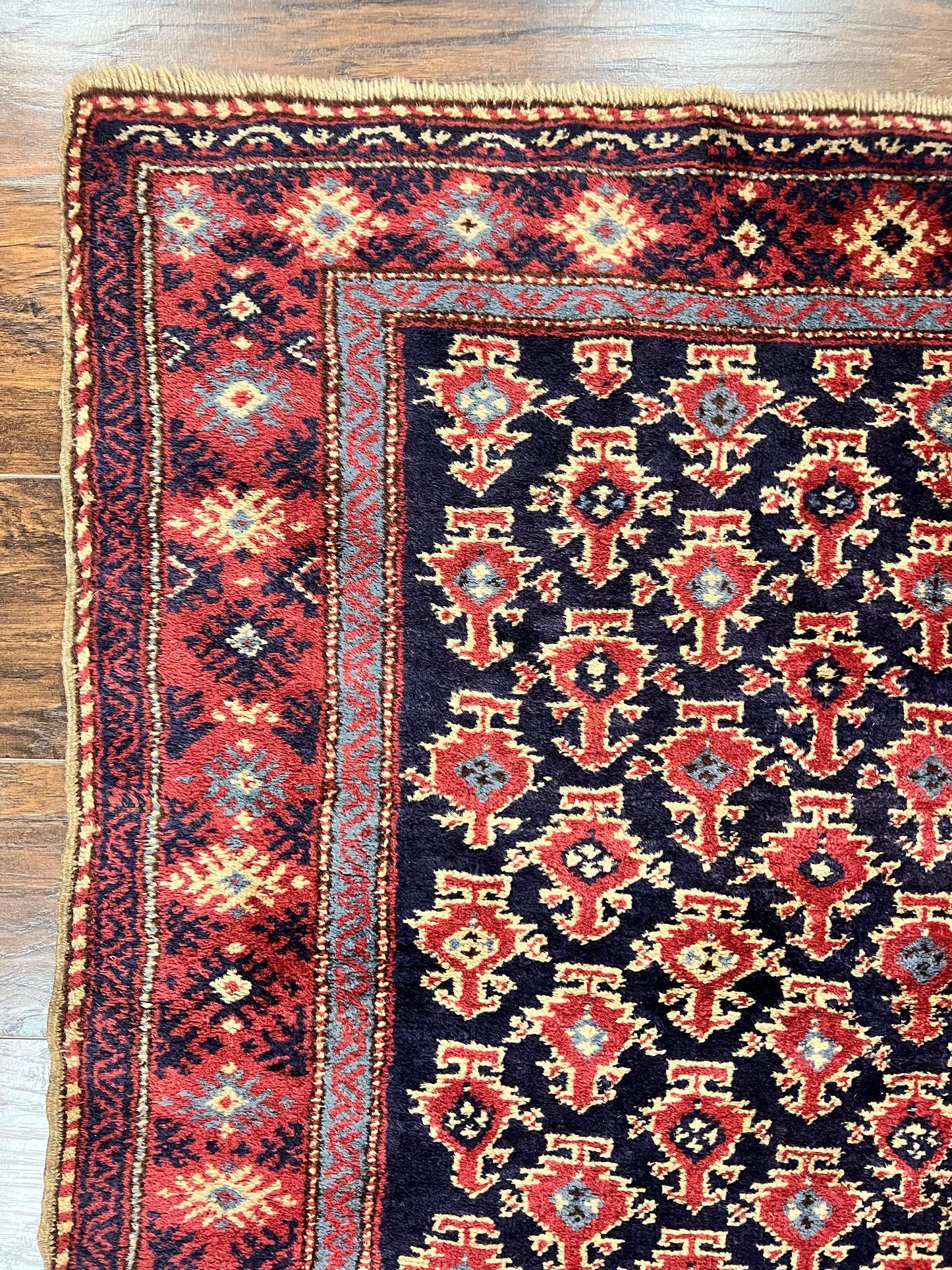 USED Turkish Sparta Rug 3x4, Allover Pattern, Navy Blue and Red, Antique Ispara Oriental Carpet 3 x 4, Small Turkish Handmade Vintage Wool Rug