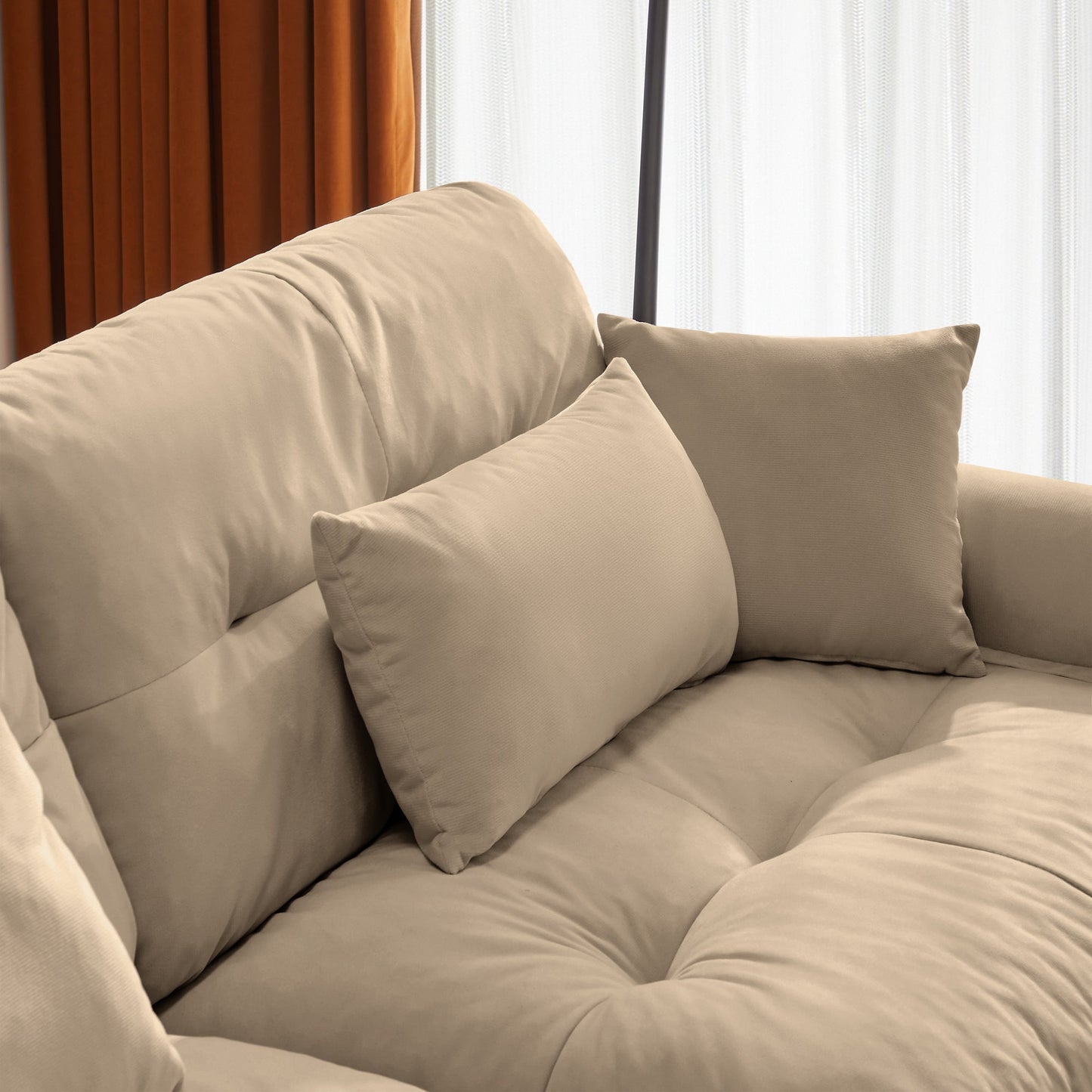 NEW Modern Camel Velvet Two-Seater Sofa with Bolstered Armrests and Pillows