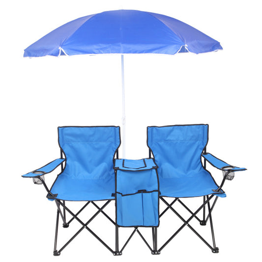 NEW Blue Outdoor Portable 2 Seat Beach Fishing Folding Chair With Umbrella