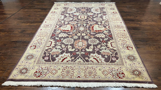 USED Vintage Indo Mahal Area Rug 6x9, Indian Persian Oriental Carpet 6 x 9, Puce Eggplant Tan Beige Rug, Hand-Knotted, Large Floral Design Wool