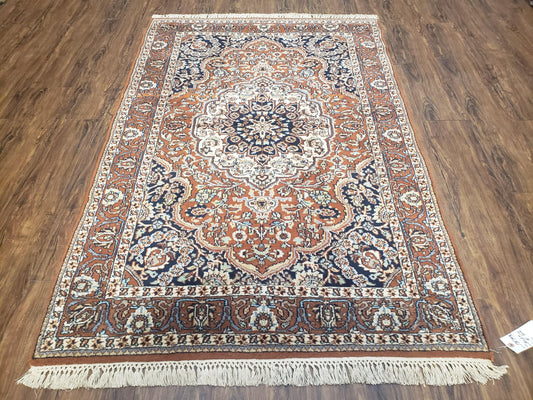 USED Antique Indian Kashmiri Area Rug 4x6, Wool Hand-Knotted Red & Ivory Floral Medallion Persian Carpet, Vintage Oriental Entryway Rug 4 x 6