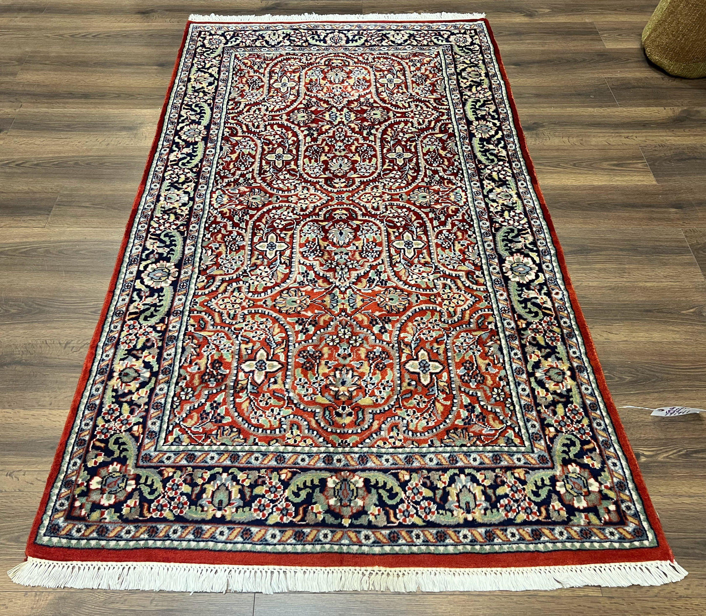 USED Indo Persian Rug 4x7, Allover Floral Oriental Carpet, Red and Navy Blue, Hand Knotted Indian Kashmiri Traditional Vintage Area Rug 4 x 7 ft
