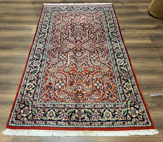USED Indo Persian Rug 4x7, Allover Floral Oriental Carpet, Red and Navy Blue, Hand Knotted Indian Kashmiri Traditional Vintage Area Rug 4 x 7 ft