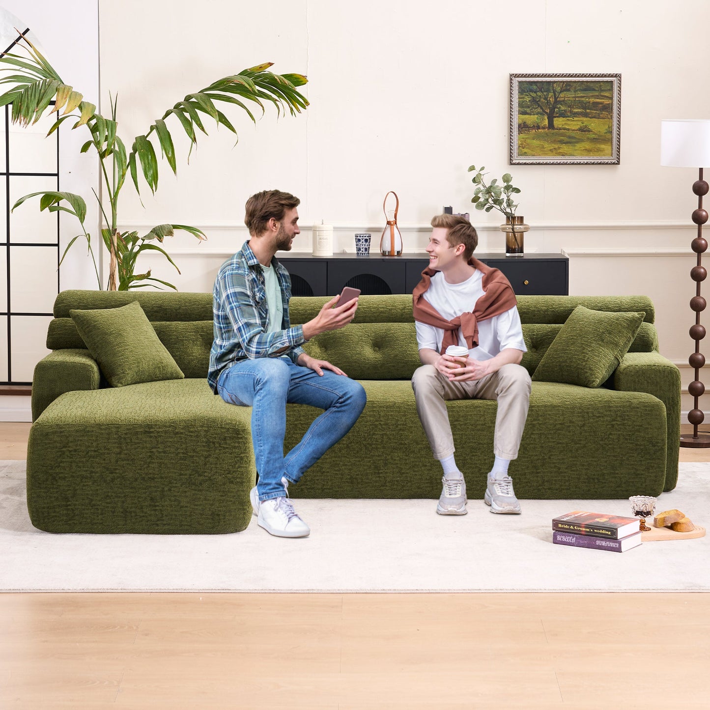 NEW 105' Modula Compression Sponge L-Shaped, Chesterfield-Inspired Design, No-Assembly Chenille Couch, 30D High-Density for Living Room, Bedroom, Apartment.Green.