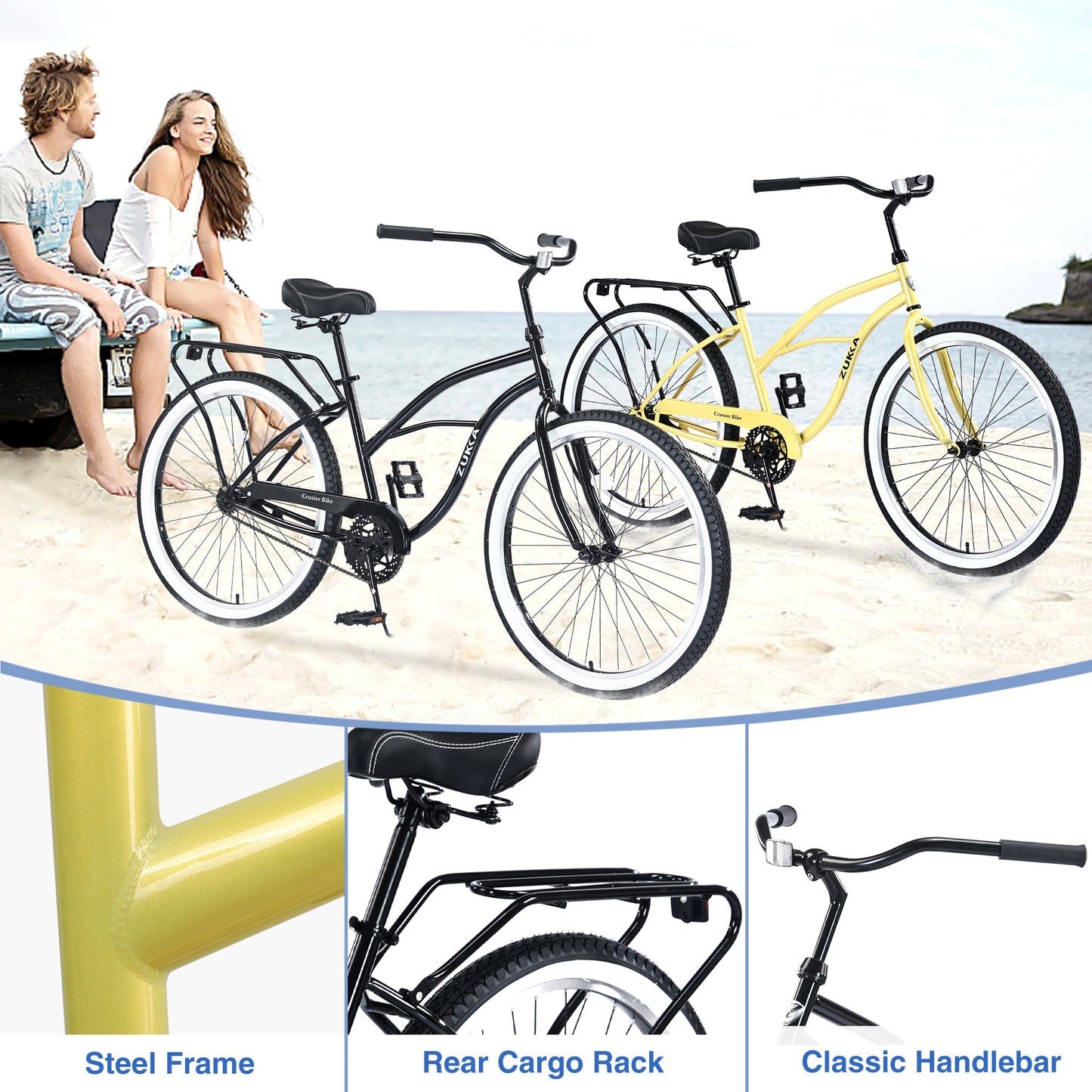 NEW Single Speed Bicycles 26'Inch,Steel Frame, Wide Wheels for Stability, Rear Coaster Brakes,Multiple Colors Men's Beach Cruiser Bike