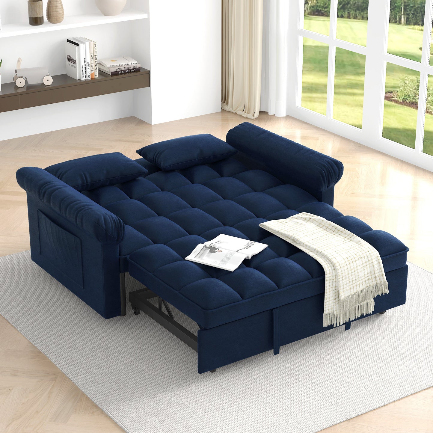 NEW Loveseats Sofa Bed with Pull-out Bed,Adjsutable Back-Blue