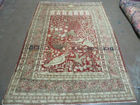 USED 4' X 6' Antique Handmade Turkish Tree Of Life Oriental Wool Rug Birds Red