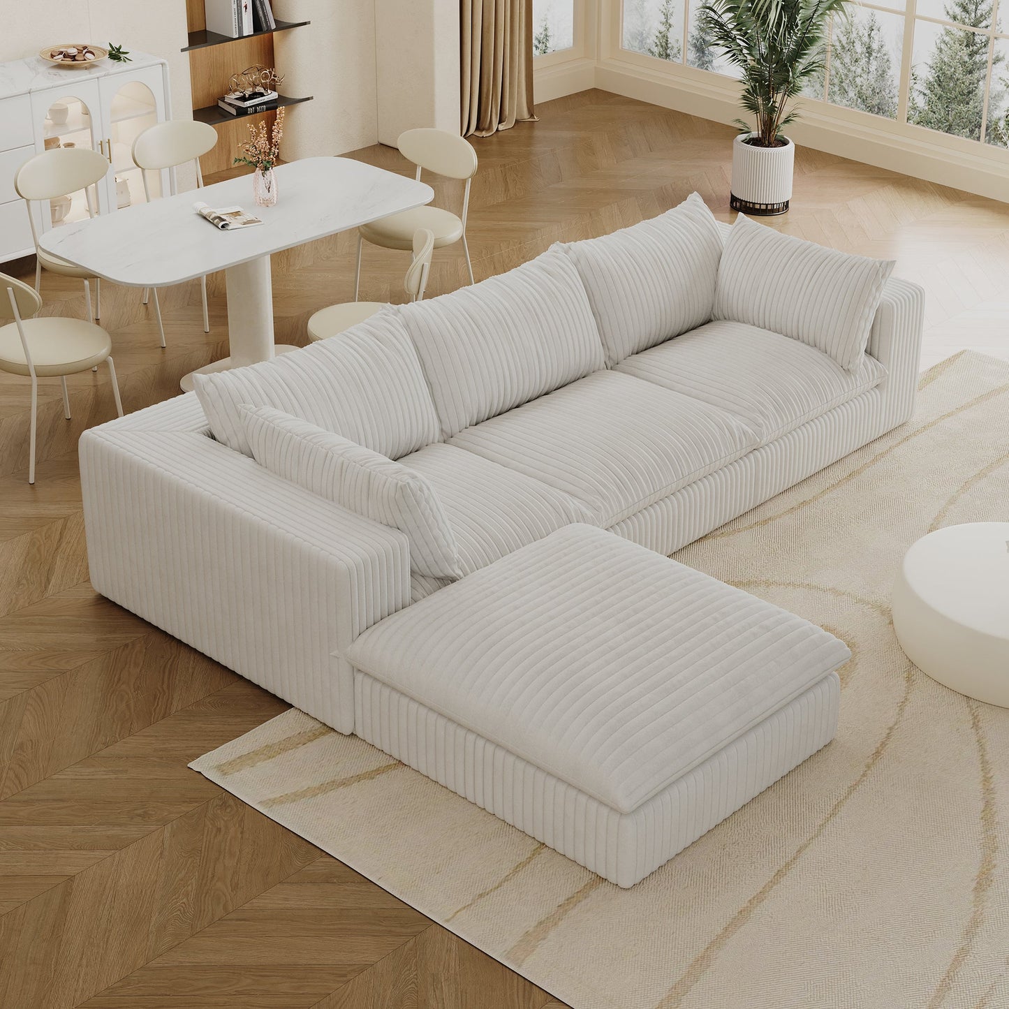 NEW 118.2' Cloud White Corduroy Fabric Deep Seat Double-Layer Design Couch Sofa with Removable Cushion