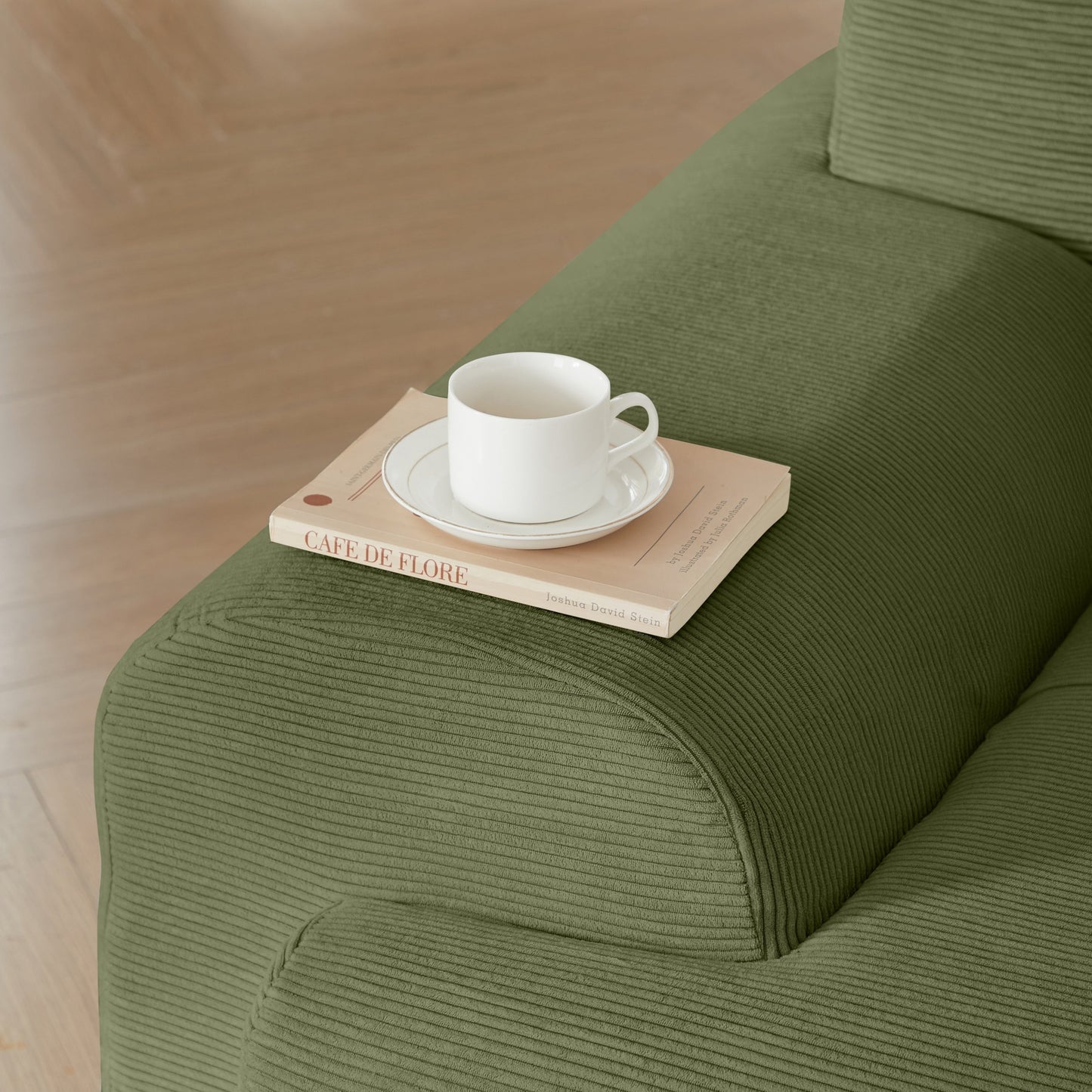 NEW Modern L-Shaped Modular Sectional Sofa in Green Corduroy, 113' Oversized 3-Seater with Deep Seat and Movable Ottoman – No Assembly Required