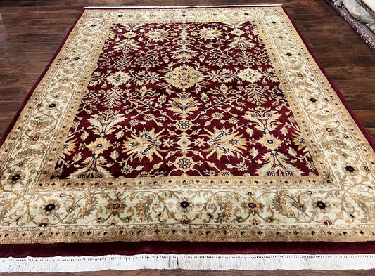 USED Vintage Indo Mahal Rug 8x10, Hand Knotted Wool Maroon & Beige Indian Agra Oriental Carpet, 8x10 ft Traditional Handmade Area Rug, Room Sized