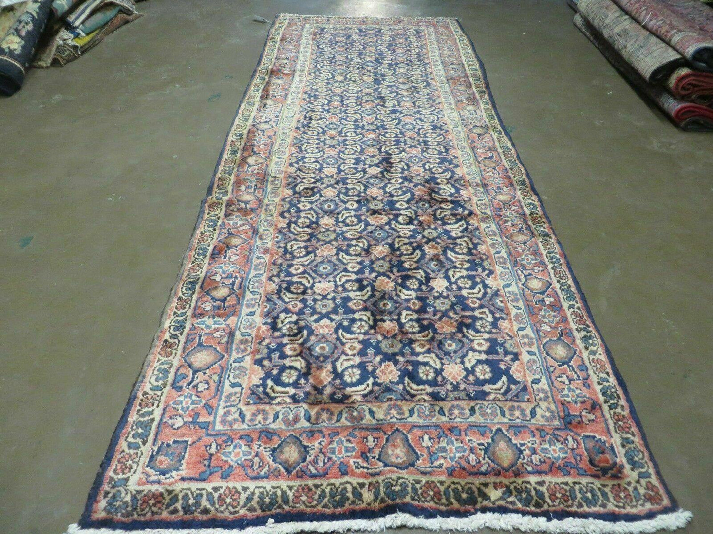 USED 3'7" X 10' Antique Handmade India Floral Oriental Wool Runner Rug Organic Blue