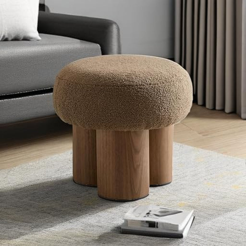 NEW Compact Round Footstool Ottoman Brown Teddy Fabric