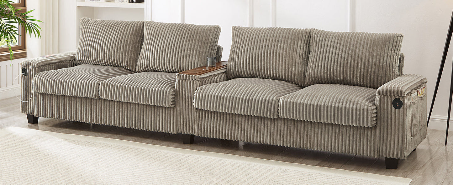 NEW Modern 4-Seater Corduroy Sofa Couch with USB Ports, Hidden Storage Arms, and Flip-Top Cup Holders, Brown, 133 Inches