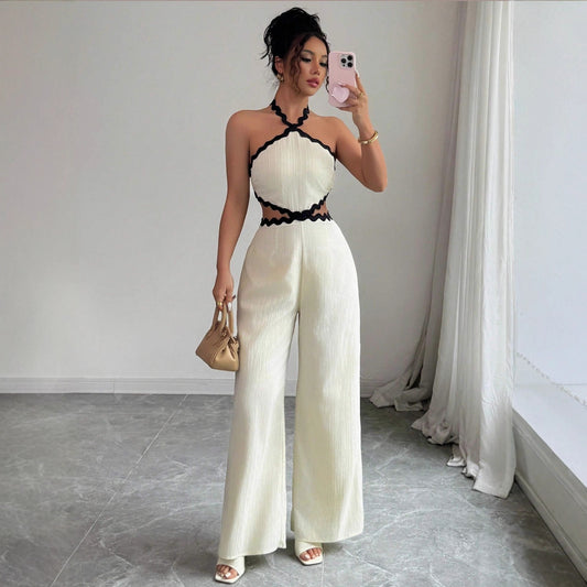 New Women's Fashionable Wave Lace Texture Halter Stitching Hollow-out Jumpsuit