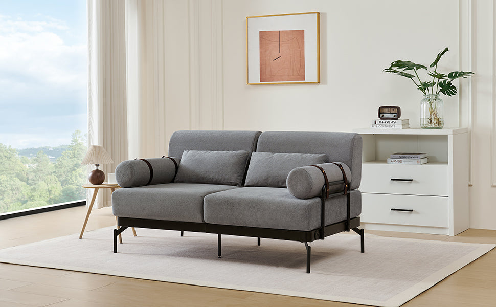 NEW Modern Grey Chenille 2 Seater Loveseat 59' Sofa Couch with USB Ports Unique Cylindrical Armrests