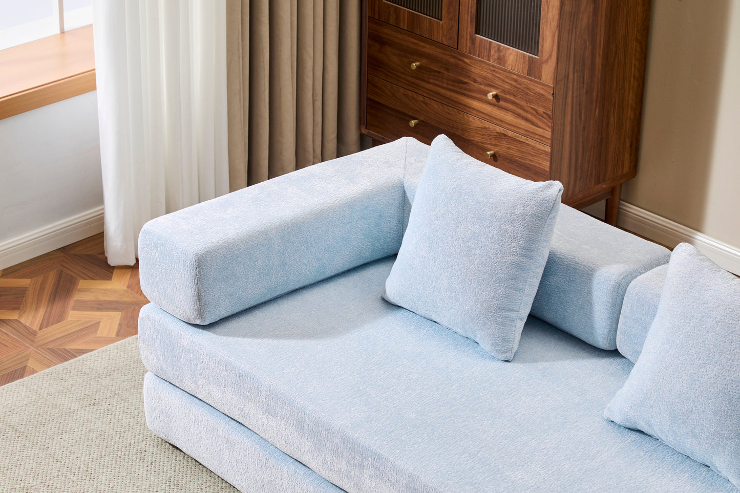 NEW Light Blue Chenille Fabric Floor Couch Compression Convertible Sofa Bed with Pillow Back Support Armrest Comfy Futon Couch Lounge Sleeper Bed