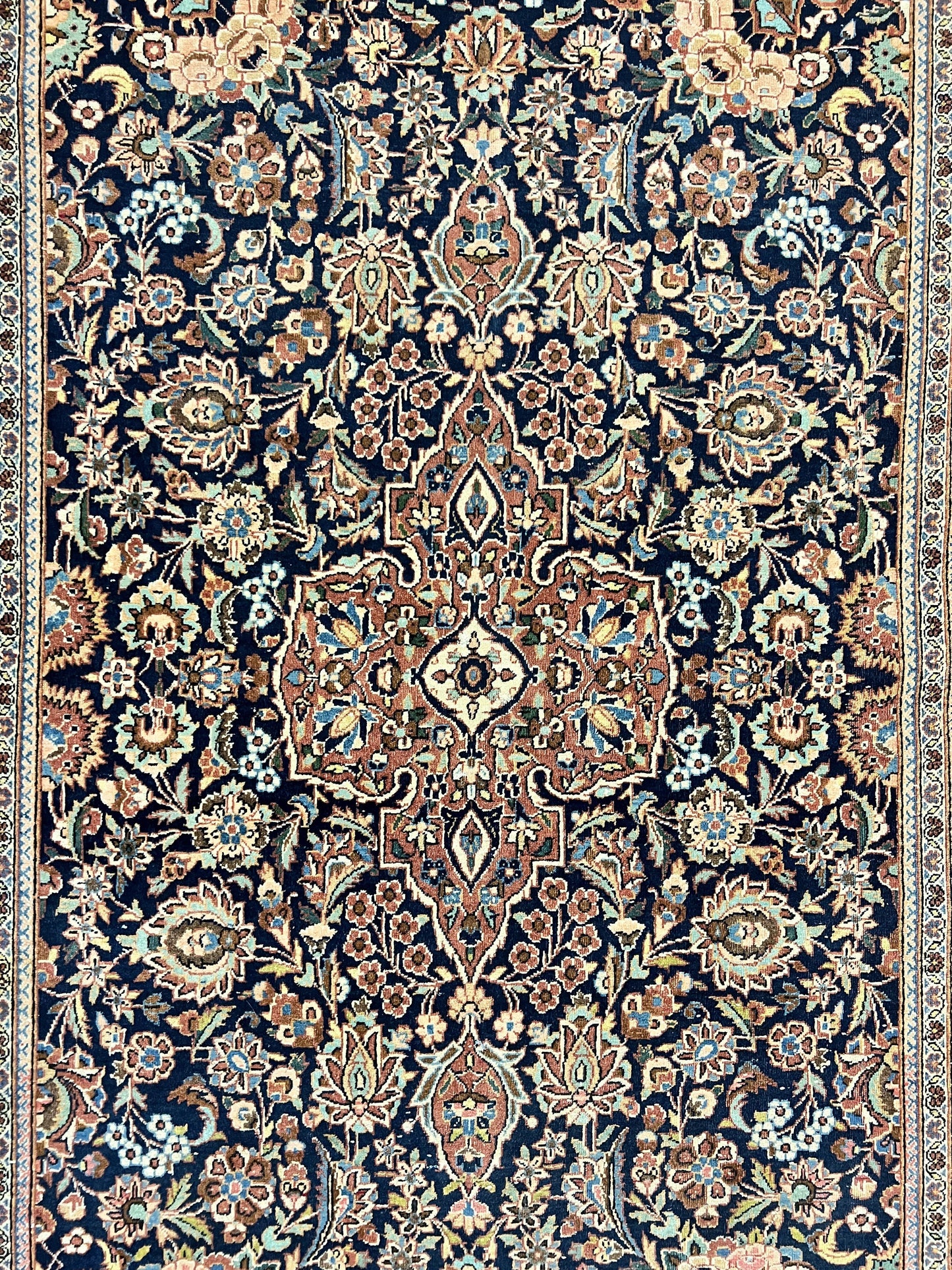 USED Persian Kashan Rug 4x7, Floral Medallion Vintage Handmade Hand Knotted Navy Blue & Red Wool Oriental Carpet, Highly Detailed Semi Antique Rug