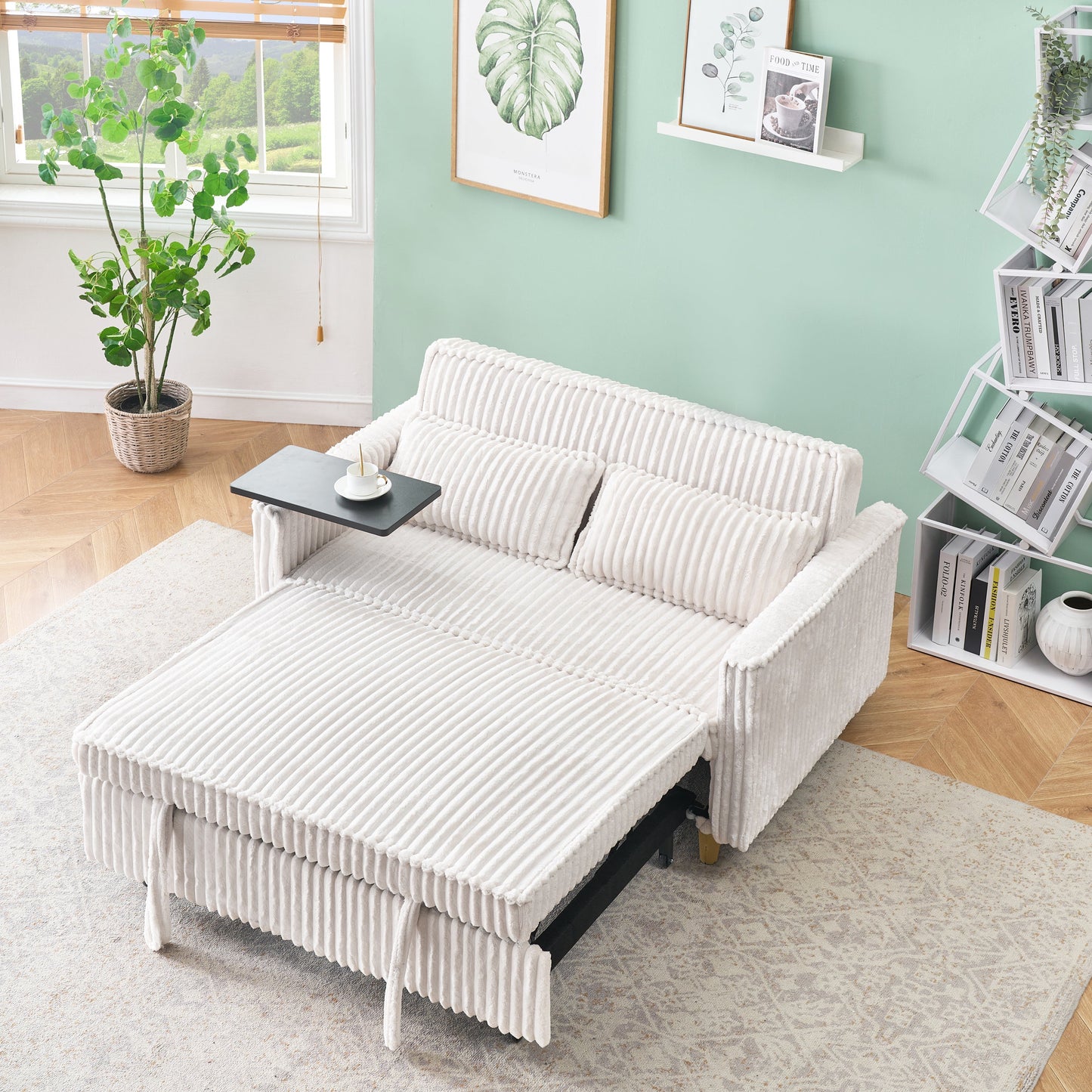 NEW Pull-out Push-in Beige Corduroy Sofa with Dual Functions Movable Tabletop and USB Ports
