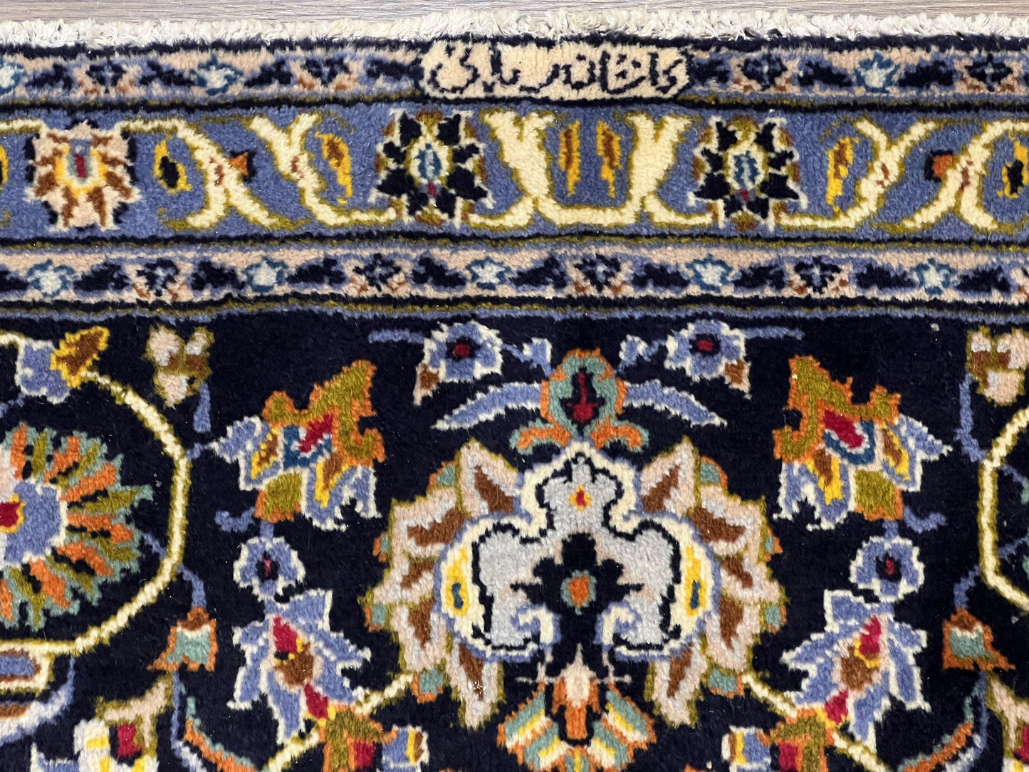 USED Wonderful Navy Blue Persian Kashan Rug 11x13, Allover Floral Design with Central Medallion, Wool Hand-Knotted Antique Carpet, Signed Rabani Rug
