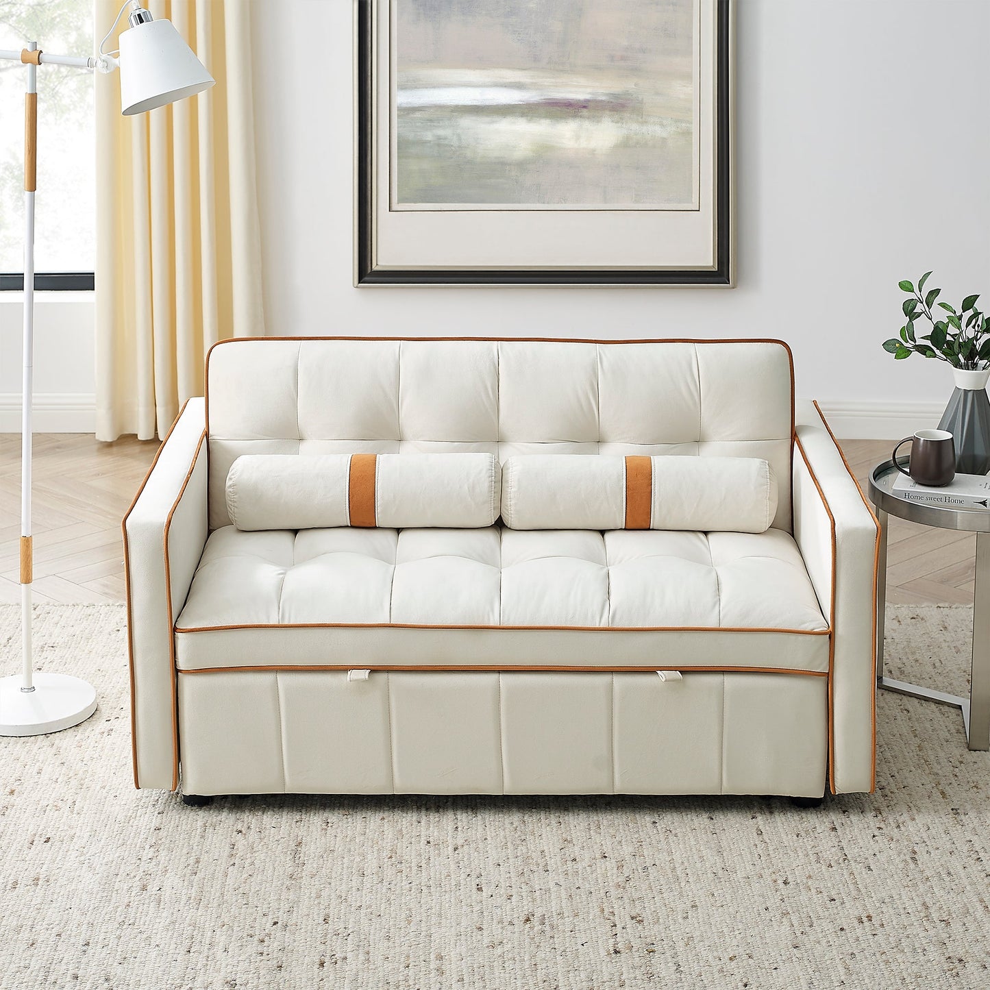 NEW Modern 55.5' Pull Out Sleep Sofa Bed 2 Seater Loveseats Couch with Side Pockets and Adjustable Backrest