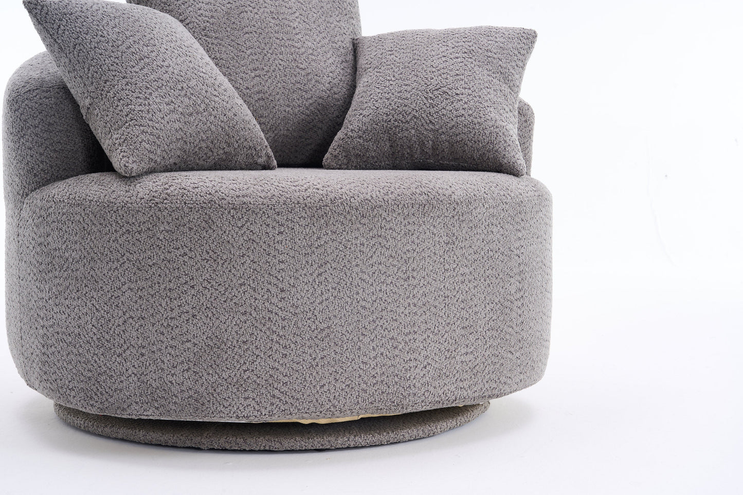 NEW 360° Swivel Round Grey Upholstered Accent Barrel Chair with 3 Removable Pillows