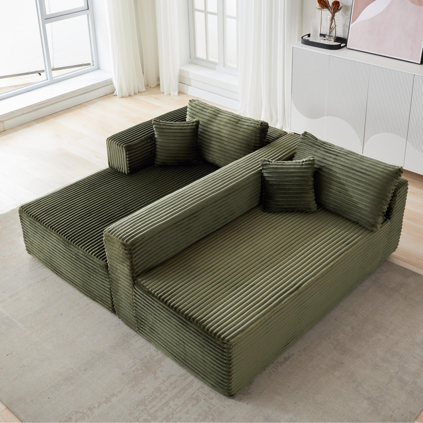 NEW Compression Sectional Couch with Comfy Chaise, Boneless L Shape Sofa with Deep Seat, Minimalist Modular Couches Sleeper for Living Room Bedroom Apartment Lounge,corduroy,Green