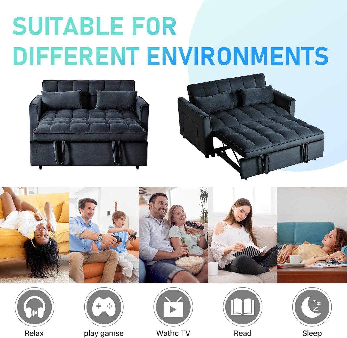 NEW Black Velvet Convertible Sleeper Sofa Bed Luxurious