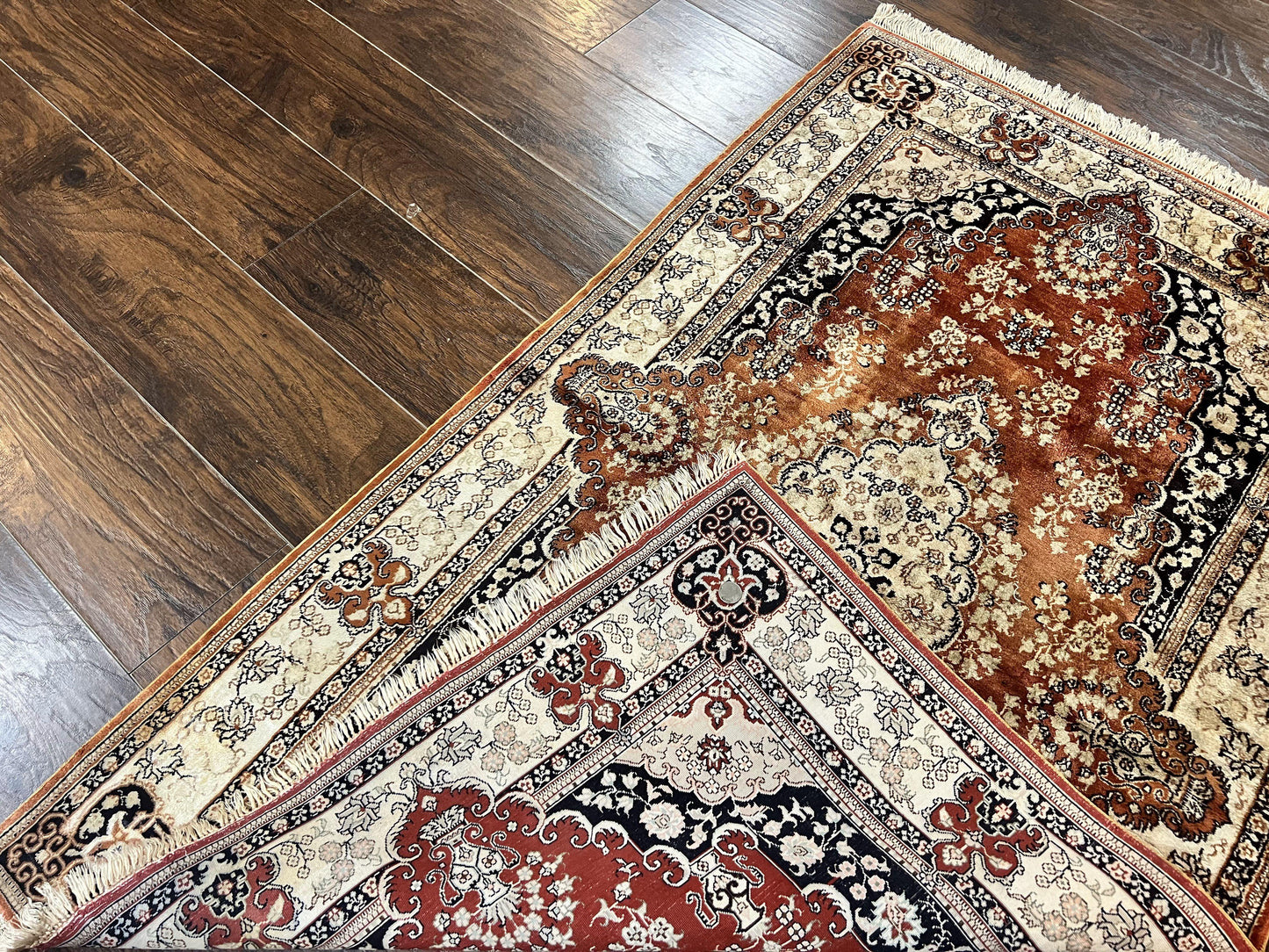 USED Turkish Silk Rug 3x5, Very Fine 400 KPSI, Floral Medallion, Handmade Hand Knotted Silk on Silk Oriental Carpet