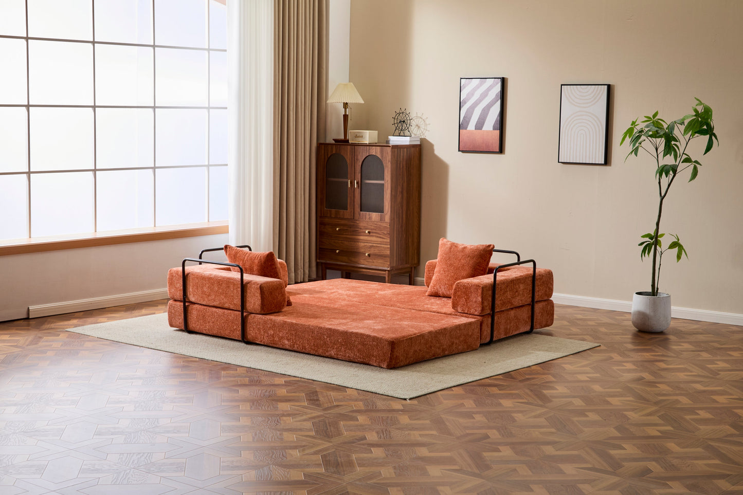 NEW Orange Chenille Fabric Comfy Futon Couch Lounge Sleeper Compression Convertible Floor Sofa Bed Couch with Pillow Back Support Armrest Bed