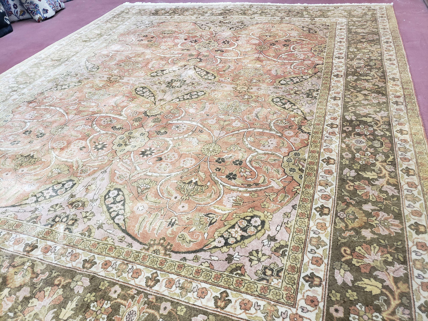 USED Indo Persian Rug 8x10, Vintage Indian Rug 8 x 10, Fine Hand-Knotted Wool Rug, Rose Clay Red Beige Brown Handmade Area Rug, Floral Medallion